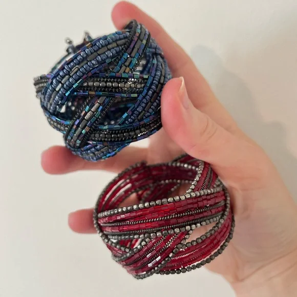 Vintage 90s Y2k Glass Seed Bead Wrap Bracelet Cuffs - Set of 2: Red & Blue - Picture 4 of 5